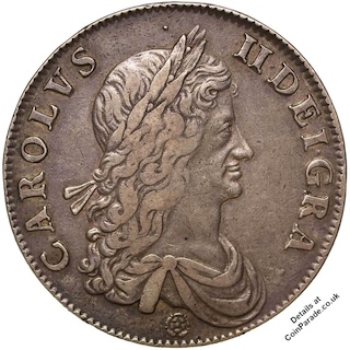 1662 Crown Charles First Bust Rose Below Milled Roettier Obverse 1662 Crown Charles First Bust Rose Below Milled Roettier Obverse