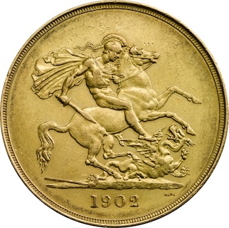 1902 Gold Proof Five Pounds Edward VII Reverse 1902 Gold Proof Five Pounds Edward VII Reverse