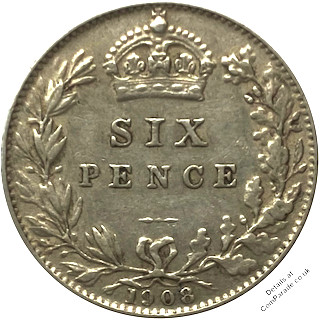 1908 Sixpence Edvard VII Reverse 1908 Sixpence Edvard VII Reverse