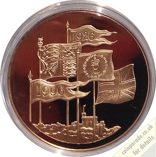 1996 Gold Proof 70th Birthday Crown Five Pounds Reverse 1996 Gold Proof 70th Birthday Crown Five Pounds Reverse